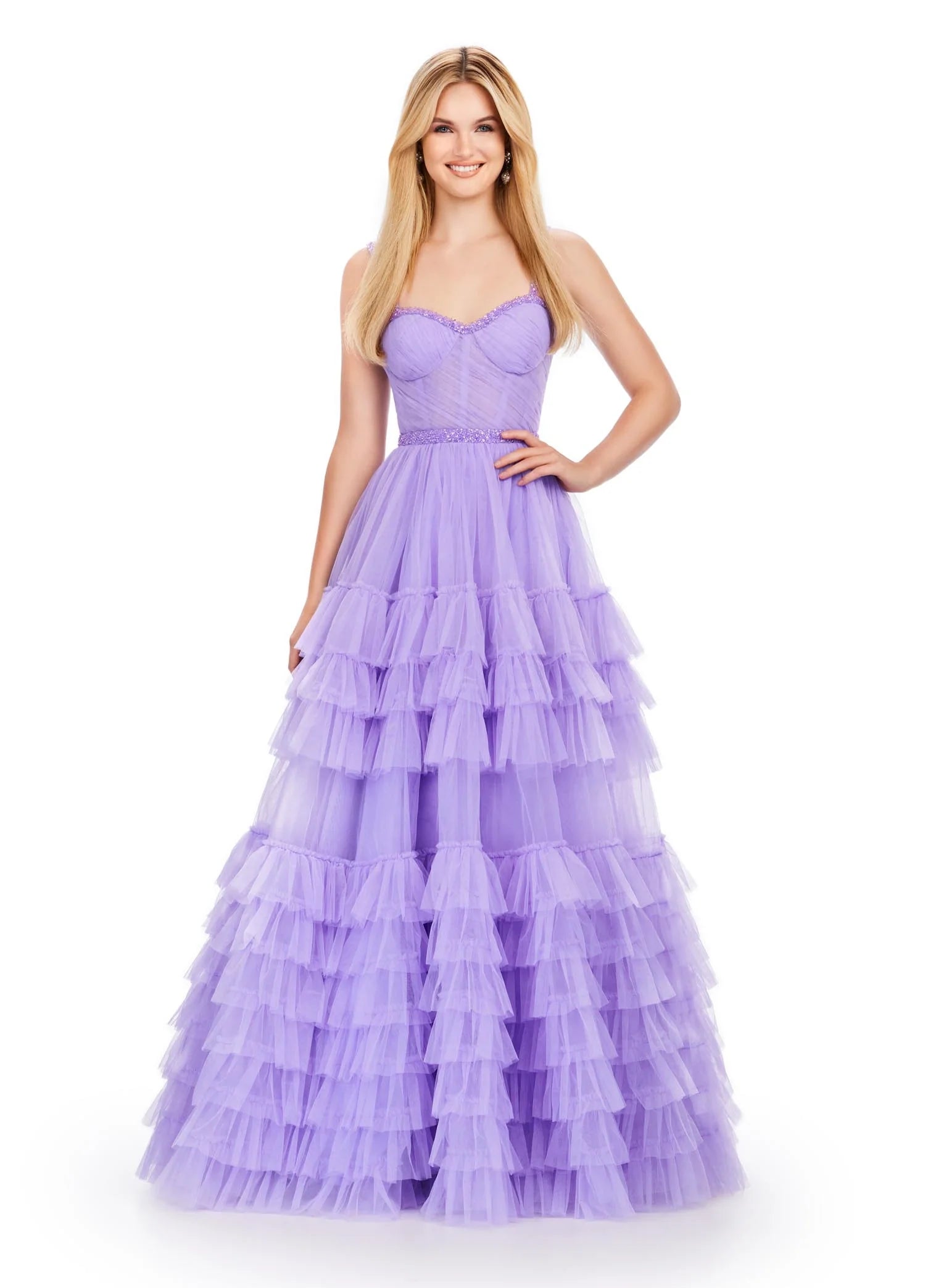 Ashley Lauren 11603 Size 6 Lilac Tulle Ruffle Layer Ballgown Prom Dress Beaded Corset Pageant Gown