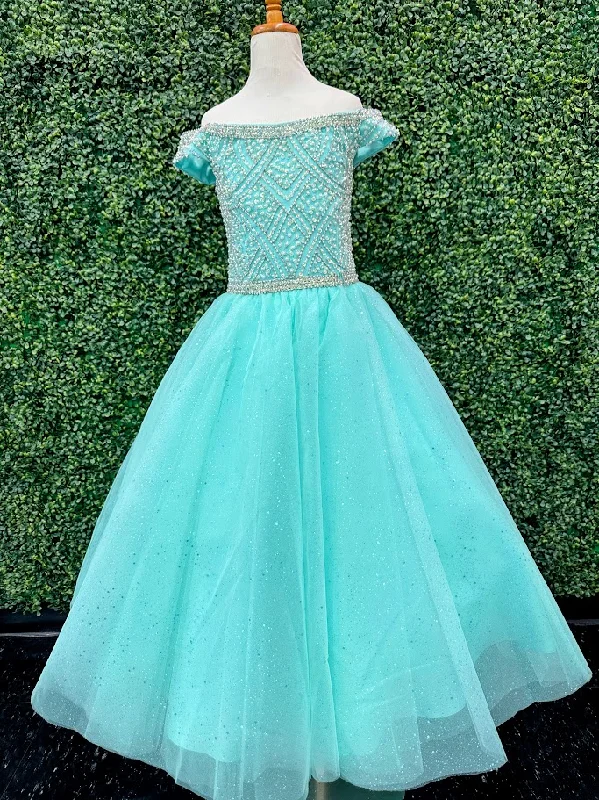 Tiffany Princess 13722 Size 2 Aqua Girls Pageant Dress Beaded Off The Shoulder Tulle A Line Ballgown