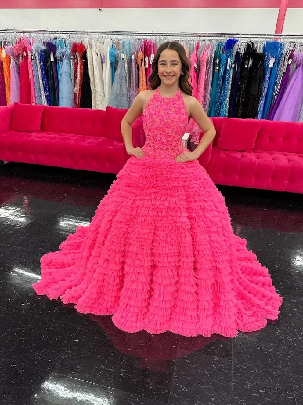 Ashley Lauren Kids 8198 Size 16 Hot Pink Ballgown Tulle Ruffles Beaded Bustier Halter Neckline Ballgown