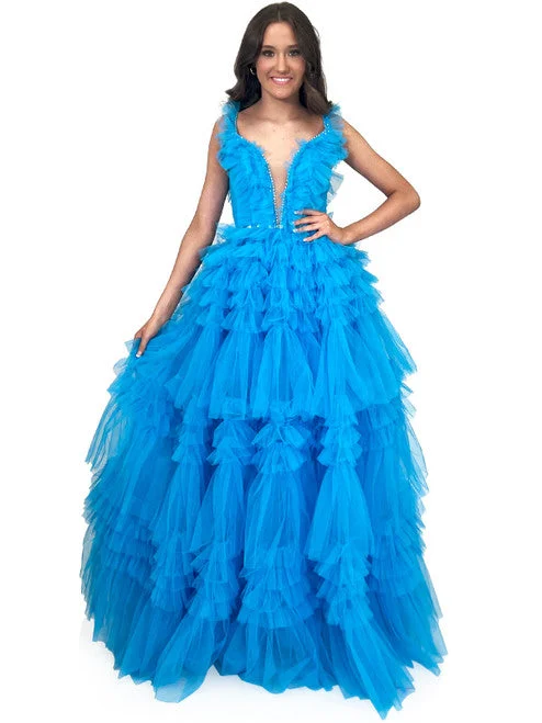 Marc Defang 8092 Size 2 Aqua Long Layer Ruffle V Neck Prom Dress Pageant Ball Gown Crystal V Neck Tulle