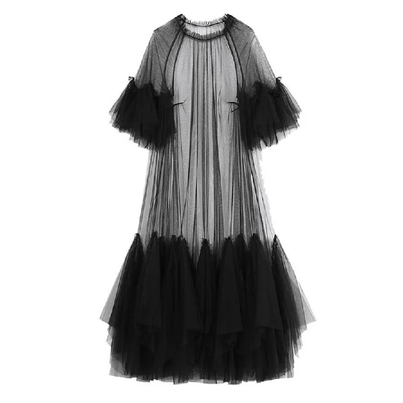 Ethereal Tiered Ruffle Crew Neck Short Sleeve A Line Maxi Sheer Tulle Dress