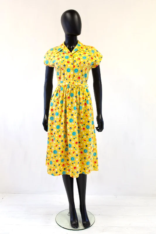 Vintage 1940s Yellow Buttons Print Shirt Dress