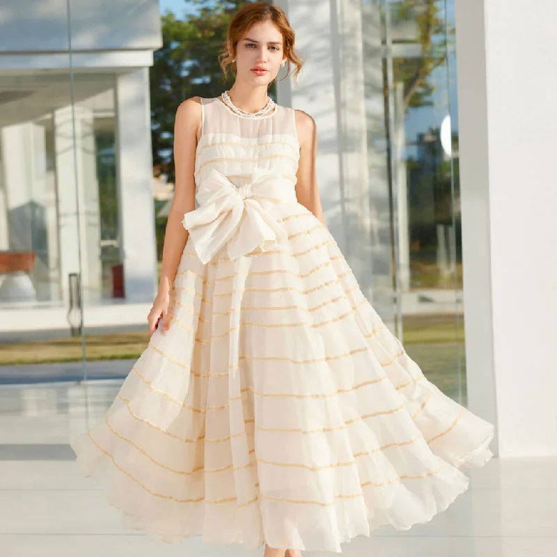 Cute Crew Neck Bow Tie High Waist A Line Sleeveless Striped Tulle Maxi Dress