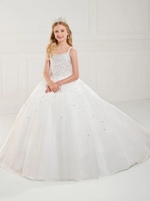 Tiffany Princess 13739 Size 2 White Girls Pageant Dress Tulle Pearl Beaded A Line Corset Ball Gown Preteen