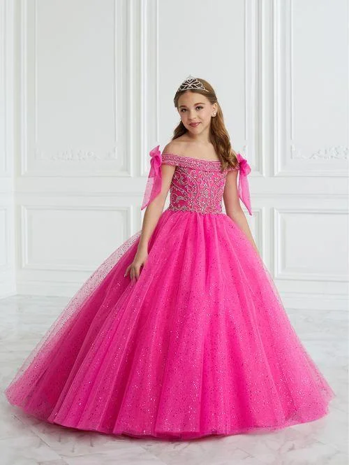 Tiffany Princess 13677 Size 16 Fuchsia Girls Pageant Dress Beaded Glitter Bow A Line Formal Tulle Ball Gown