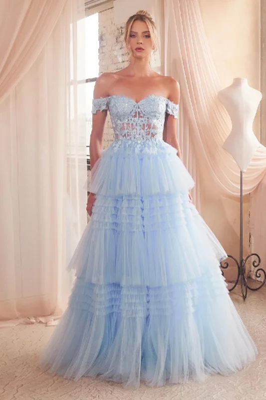 Ladivine 9315 Size 10 Light Blue Long Layered Tulle Ballgown Sheer Lace Corset Prom Dress off the shoulder