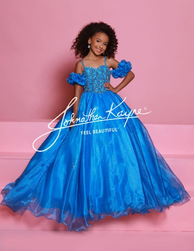 Sugar Kayne C359 Size 4 Capri Blue Girls Pageant Ballgown Dress Puff Sleeves Glitter Tulle Organza Shimmer