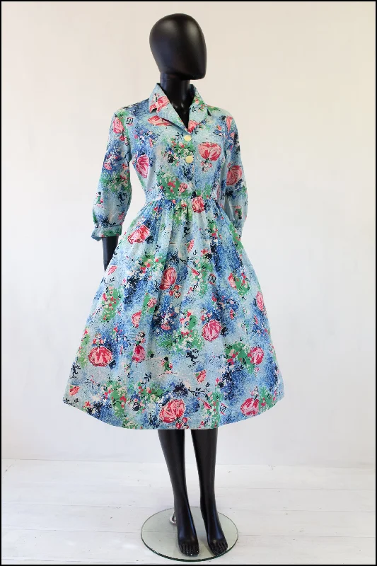 Vintage 1950s Blue 'Cupid Dancers' Cotton Shirt Dress