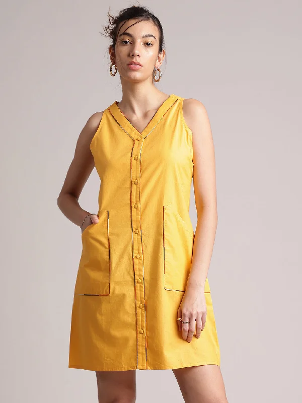 Yellow Cotton Solid Shirt Dress