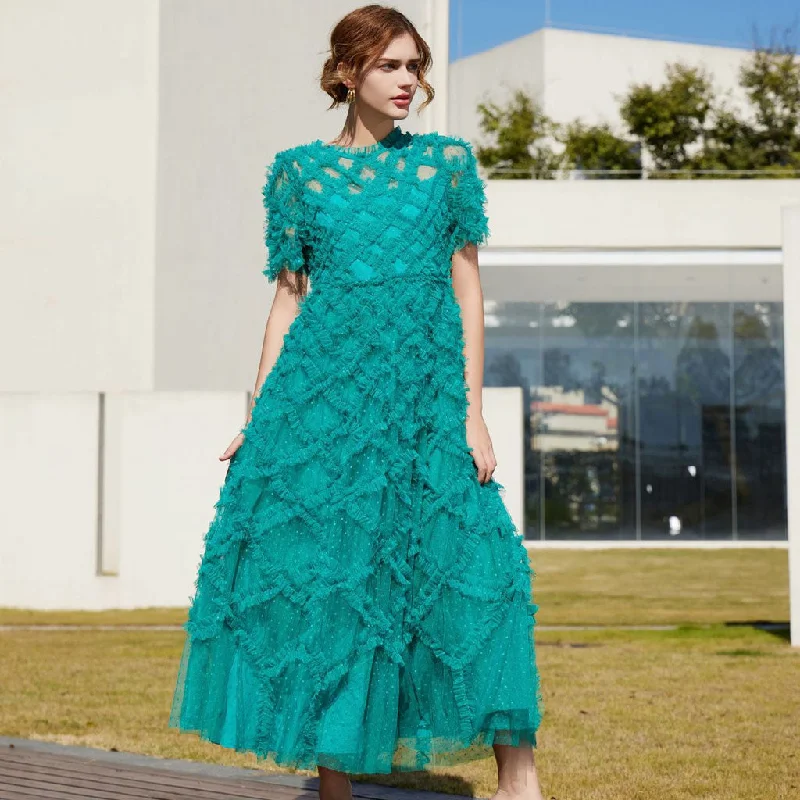 Opulent Crew Neck Sheer Sleeve High Waist A Line Dotted Tulle Ruffle Maxi Dress