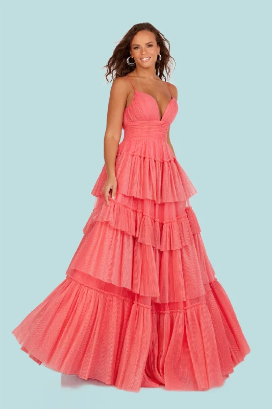 Lucci Lu 1357 Size 20 Coral Layer Tulle A Line Glitter Prom Dress V Neck Formal Gown Pleated Ballgown