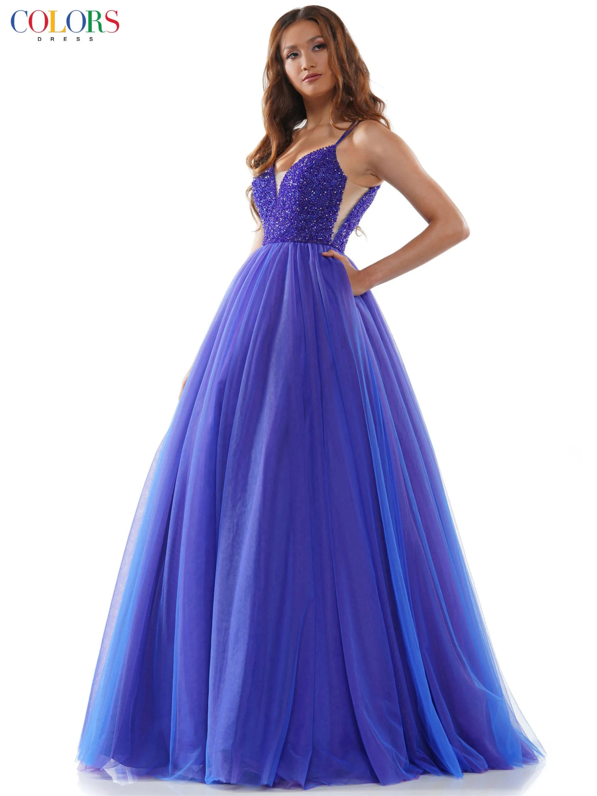 Colors 2382 Size 2 Royal Purple  Long Tulle Ballgown Crystal V Neck Prom Dress Open Corset Back Formal Gown