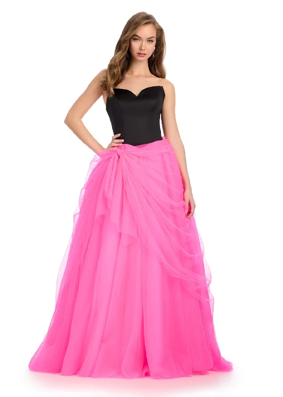 Ashley Lauren 11984 Size 0 Black/Hot Pink Satin V Neck A Line Prom Dress Tulle Draped Ballgown Pageant Gown