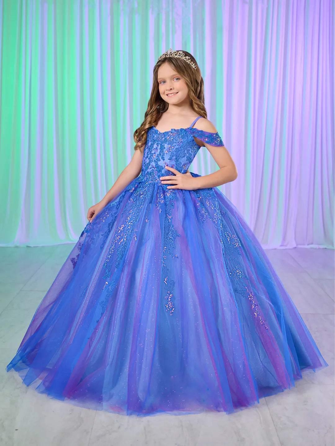 Tiffany Princess 13760 Size 4, 12 Royal Purple Shimmer Girls Lace Pageant Dress Corset off the Shoulder Gown Tulle