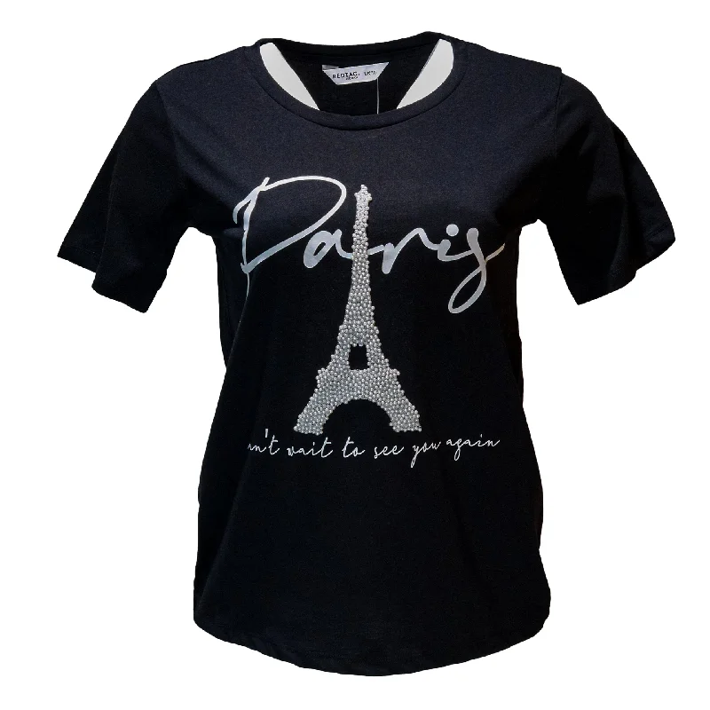 Black Paris Pearl Embellished T Shirt