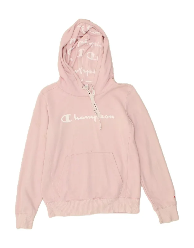 CHAMPION Womens Graphic Hoodie Jumper UK 14 Medium Pink Cotton