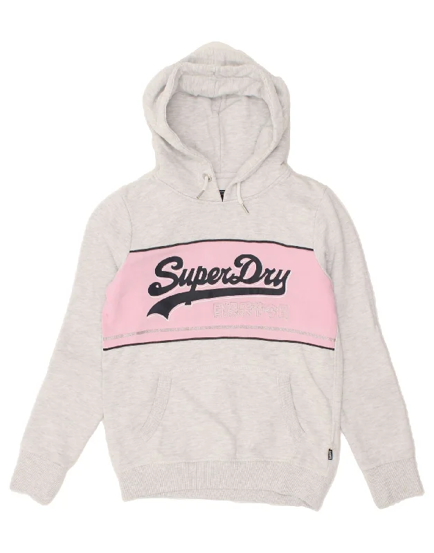 SUPERDRY Womens Graphic Hoodie Jumper UK 10 Small Grey Colourblock Cotton