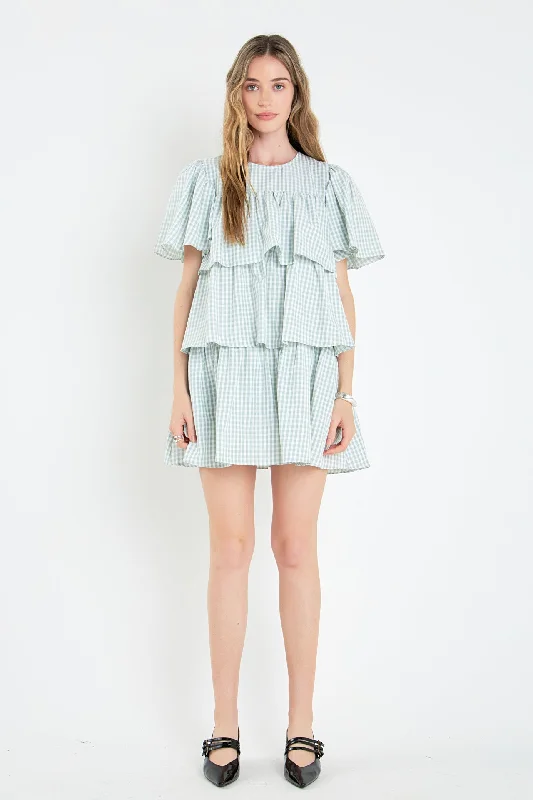 Gingham Print Tiered Dress