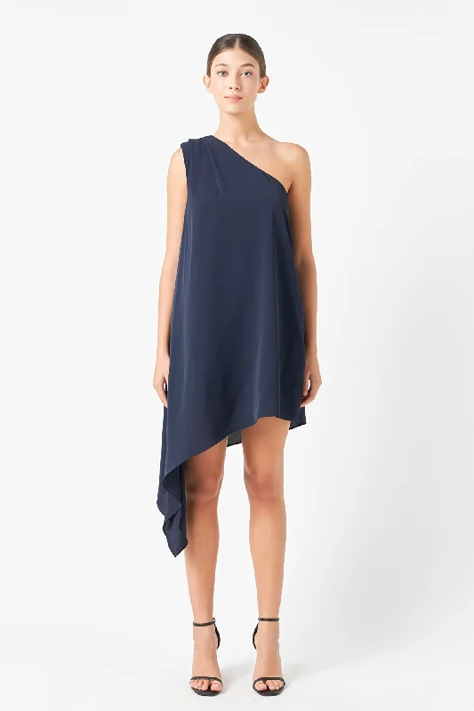 Shoulder Pintucked Asymmetrical Mini Dress