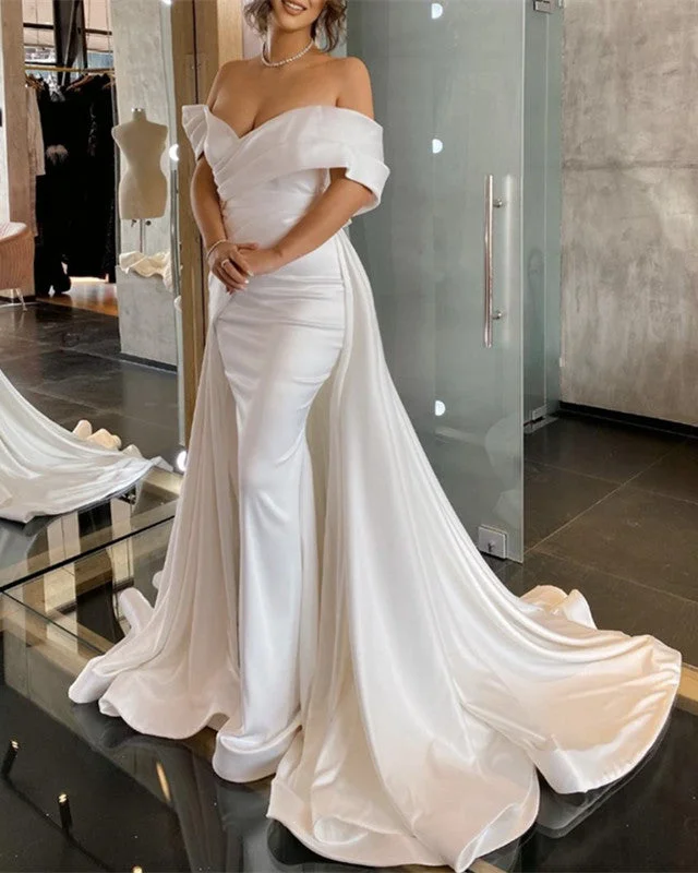 Mermaid Off The Shoulder Wedding Dress Satin Sweep Train