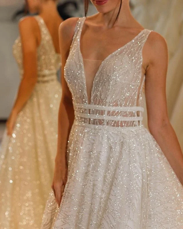 A-line Plunge Neck Wedding Dress Sequins