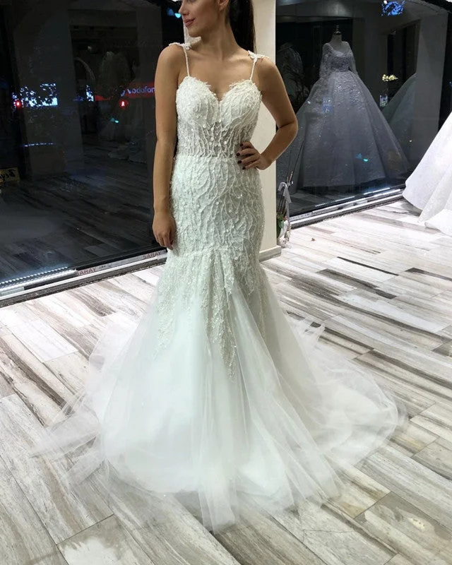 Mermaid Sweetheart Wedding Dresses Spaghetti Straps Lace Embroidery