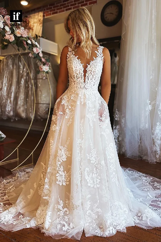 71005 - Amazing V-Neck A-Line Lace Appliques Boho Wedding Dress with Long Train