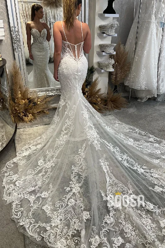 Plunging V-Neck Lace Appliques Mermaid Wedding Dress QW2598