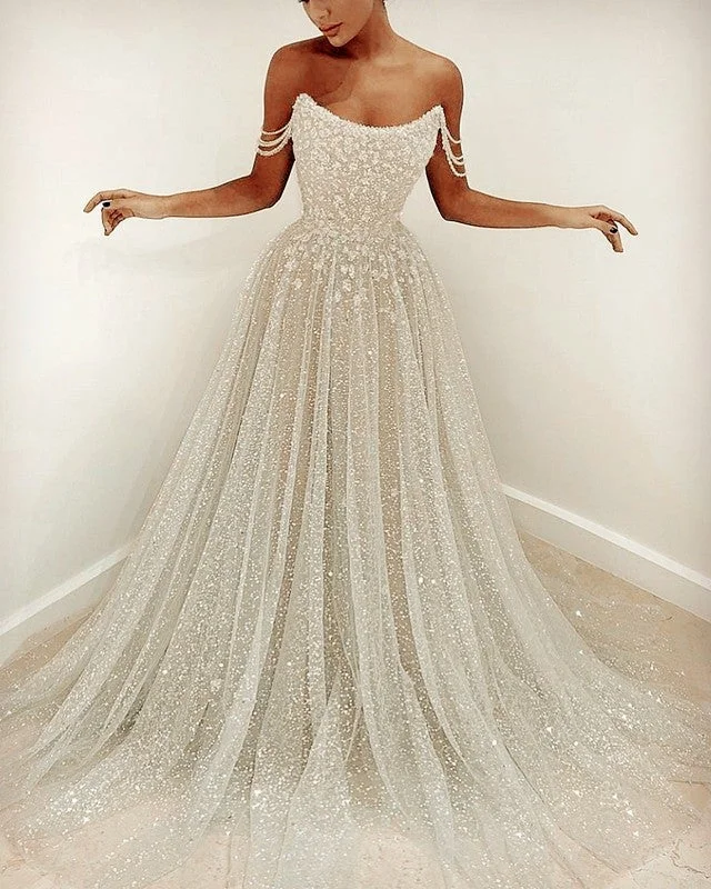 Glitter Tulle Wedding Dress A-line Off Shoulder