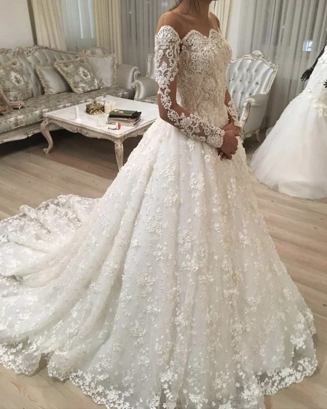 Illusion Neckline Long Sleeves Lace Wedding Dresses Ball Gowns