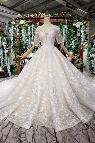 Lace Half Sleeve Round Neck Ball Gown Wedding Dresses Fashion Beads Wedding Gown WK775