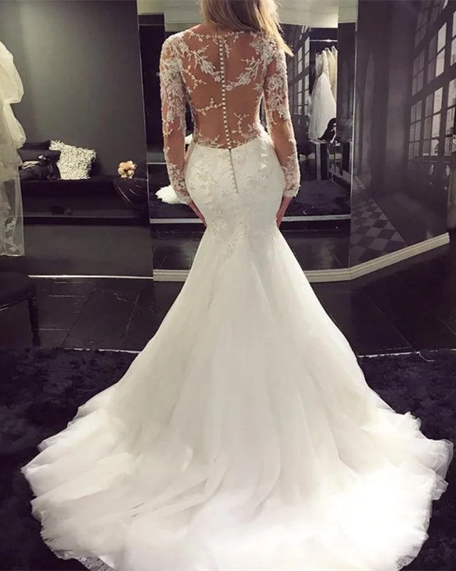 Long Sleeves Mermaid Wedding Dresses Lace Appliques