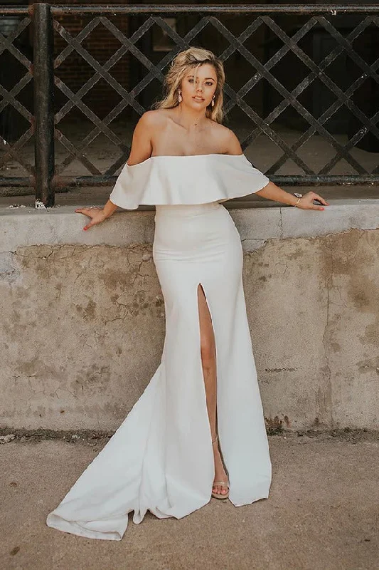 Mermaid Off The Shoulder Satin Wedding Dress With Slit PNT7ZJBD