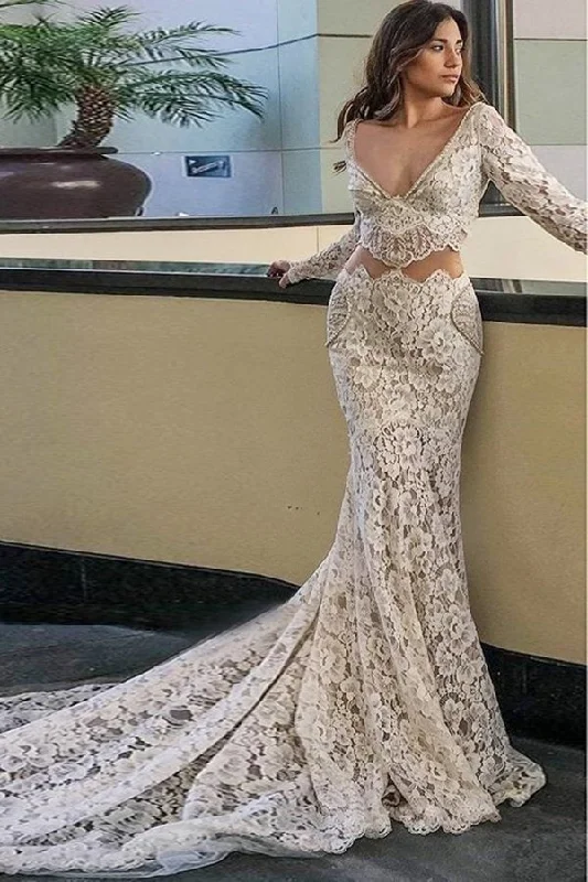 Modest Long Mermaid V-Neck Lace Long Sleeves Wedding Dresses P6NE2C6H