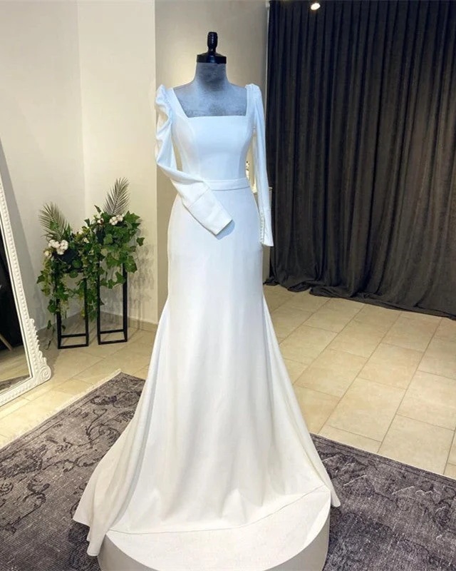 Modest Mermaid Wedding Dress Satin Long Sleeve