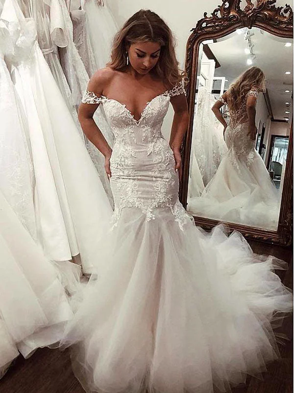 Sexy Off Shoulder V Neck Lace Mermaid With Train Long Wedding Dresses, WD1105