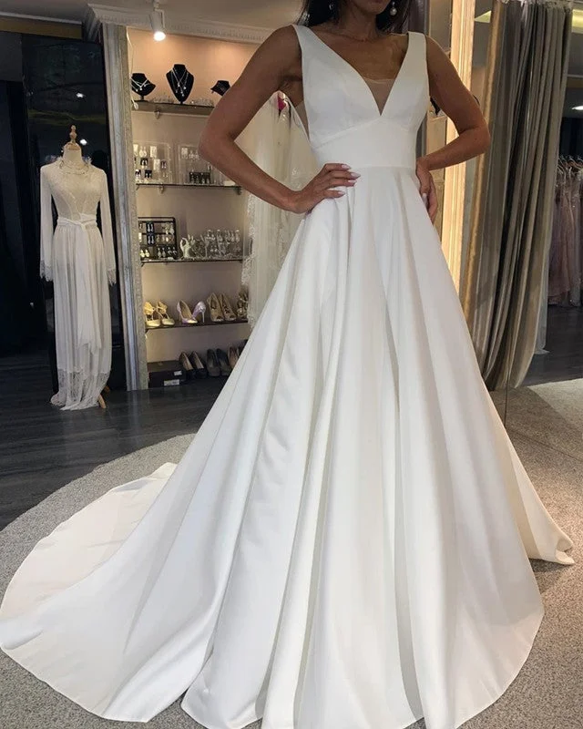 Simple Wedding Dress Satin V Neck Backless