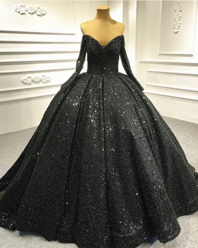 Black Sparkly Off Shoulder Long Sleeve Ball Gown