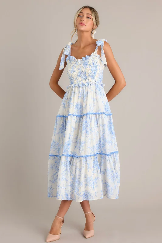 Meadow Serenade Blue Floral Toile Midi Dress