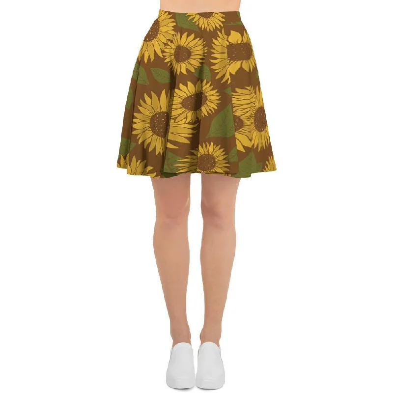 Brown Sunflower Print Women's Skirt