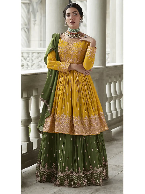 Myra Mehendi and Mustard Yellow Georgette Skirt Style Embroidered Suit