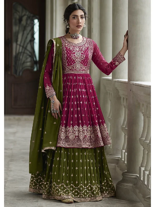 Myra Mehendi and Rani Georgette Skirt Style Embroidered Suit