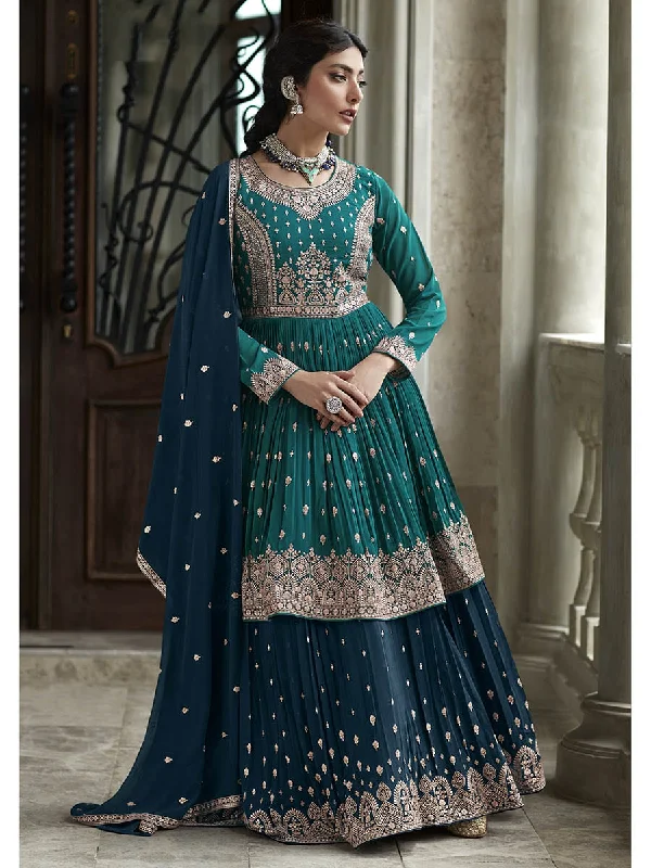 Myra Navy and Firozi Georgette Skirt Style Embroidered Suit