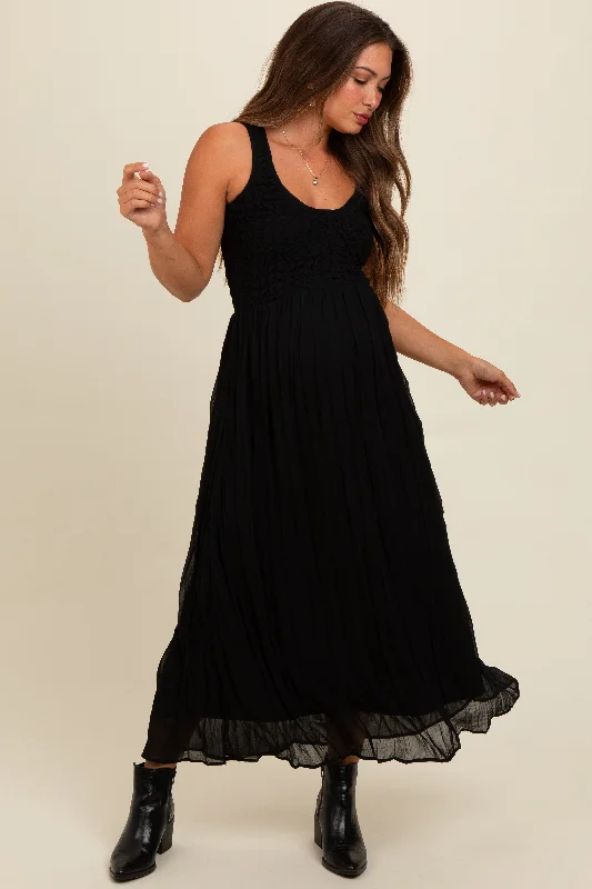 Black Textured Smocked Bodice Sleeveless Maternity Maxi Dress