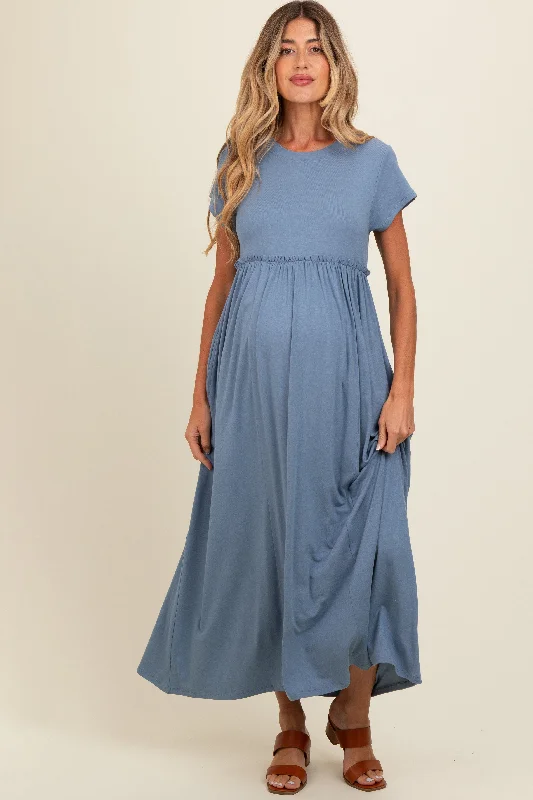 Blue Ruffle Trim Maternity Maxi Dress