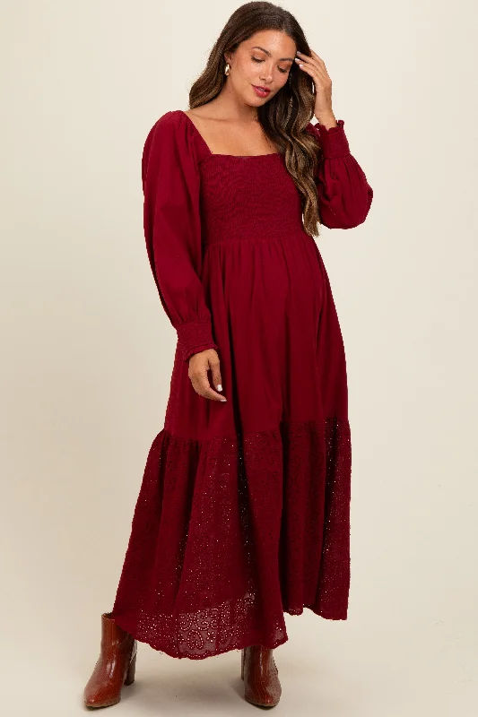 Burgundy Smocked Eyelet Lace Hem Maternity Maxi Dress