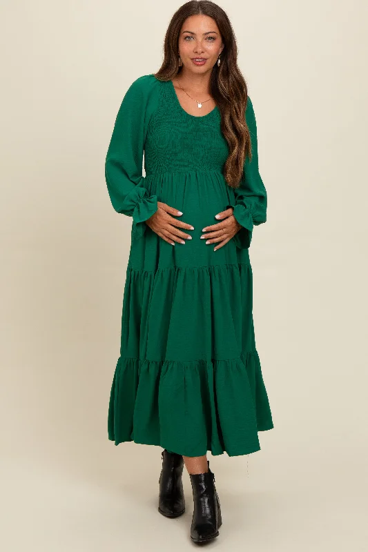 Green Smocked Tiered Long Sleeve Maternity Maxi Dress