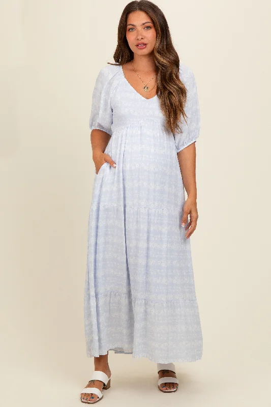 Light Blue Floral Tiered Maternity Maxi Dress