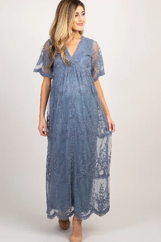 PinkBlush Blue Lace Mesh Overlay Maternity Maxi Dress