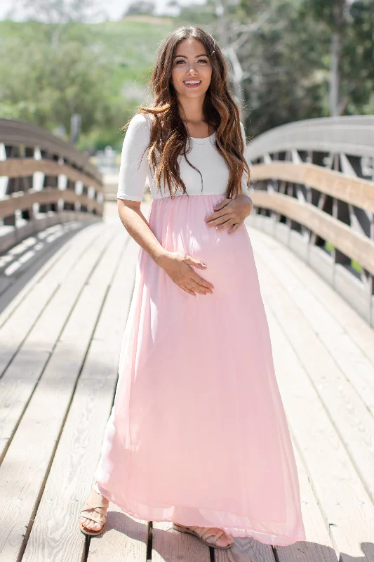 PinkBlush Petite Light Pink Chiffon Colorblock Maternity Maxi Dress